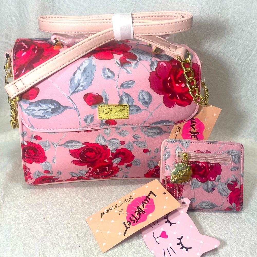 Betsey Johnson Luv Crossbody Purse Hand Bag pink floral wallet set BNWT